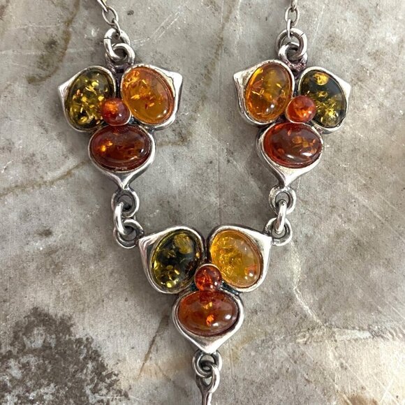 Sterling Silver 925 Multi Color Baltic Amber Flower Floral Y Necklace 16" -17.5" - Picture 7 of 16